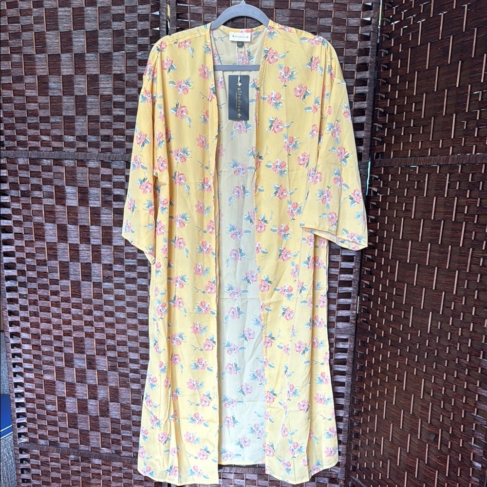 Alredine Baileys Blossoms Floral Yellow Kimono duster M L lightweight nwt